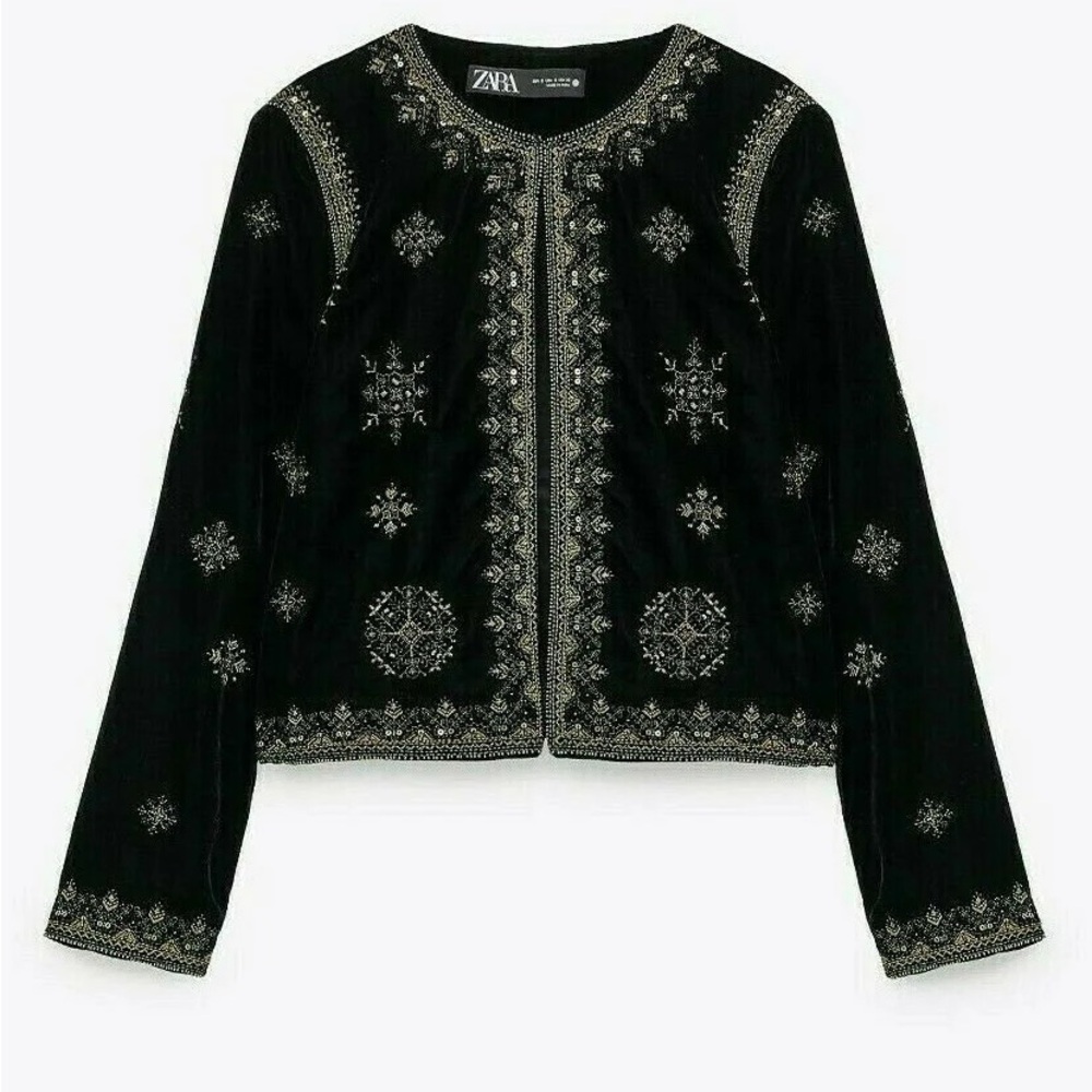 Zara embroidered beaded velvet black jacket